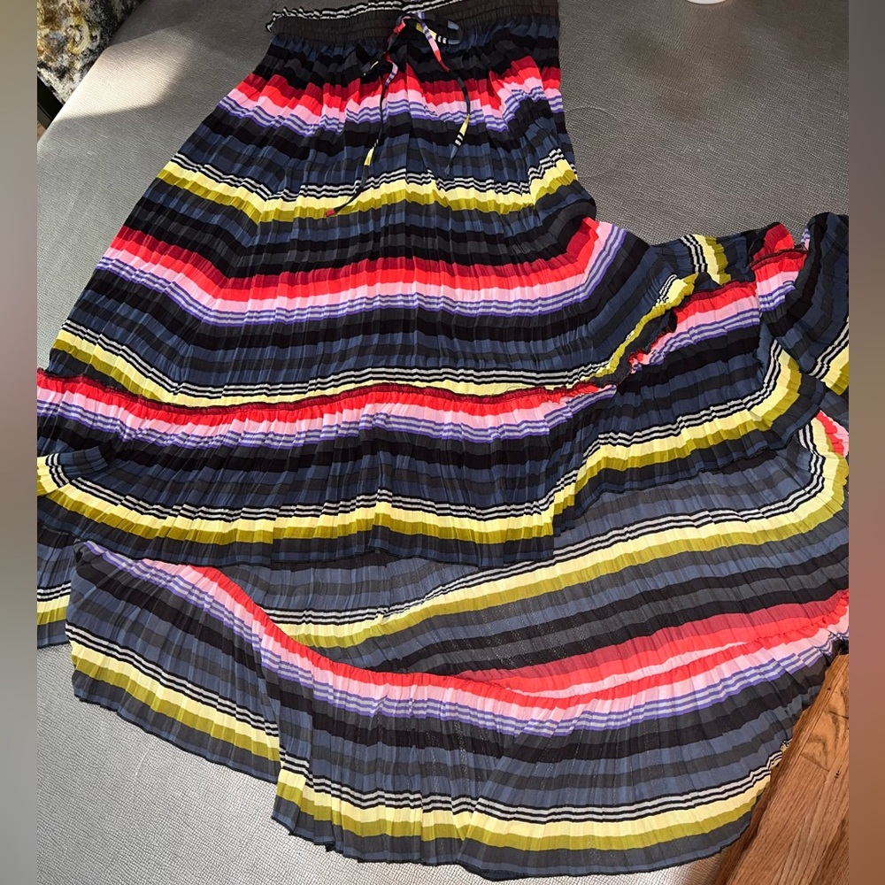 Free People Crinkle Pleat Striped High Low Multi Colored Maxi Skirt Size Medium
